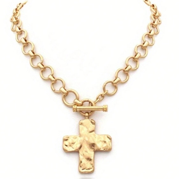 Gold Boho Chunky Hammered Cross Pendant Necklace - Picture 2 of 8